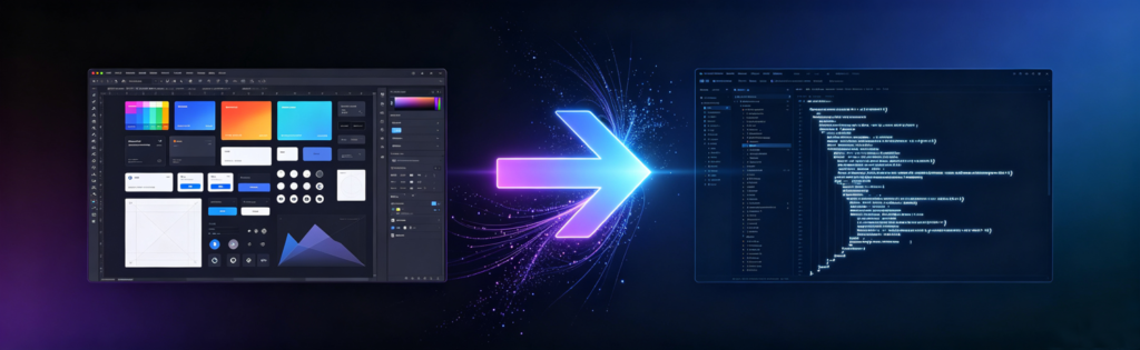 A visual website-builder canvas on the left linked by a glowing arrow to a code editor on the right, representing a no-code platform's build workflow